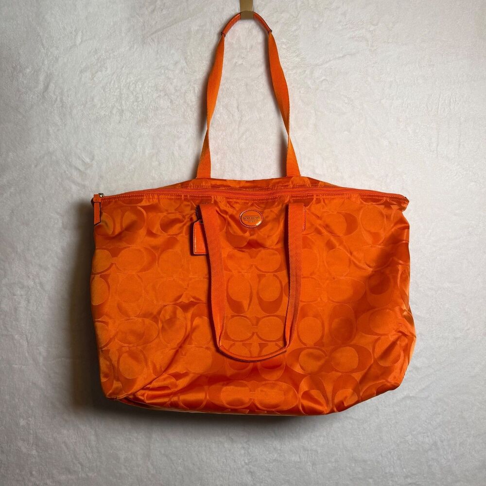 Coach Getaway Orange Nylon Signature Packable Tote Travel Bag Removable Pouch